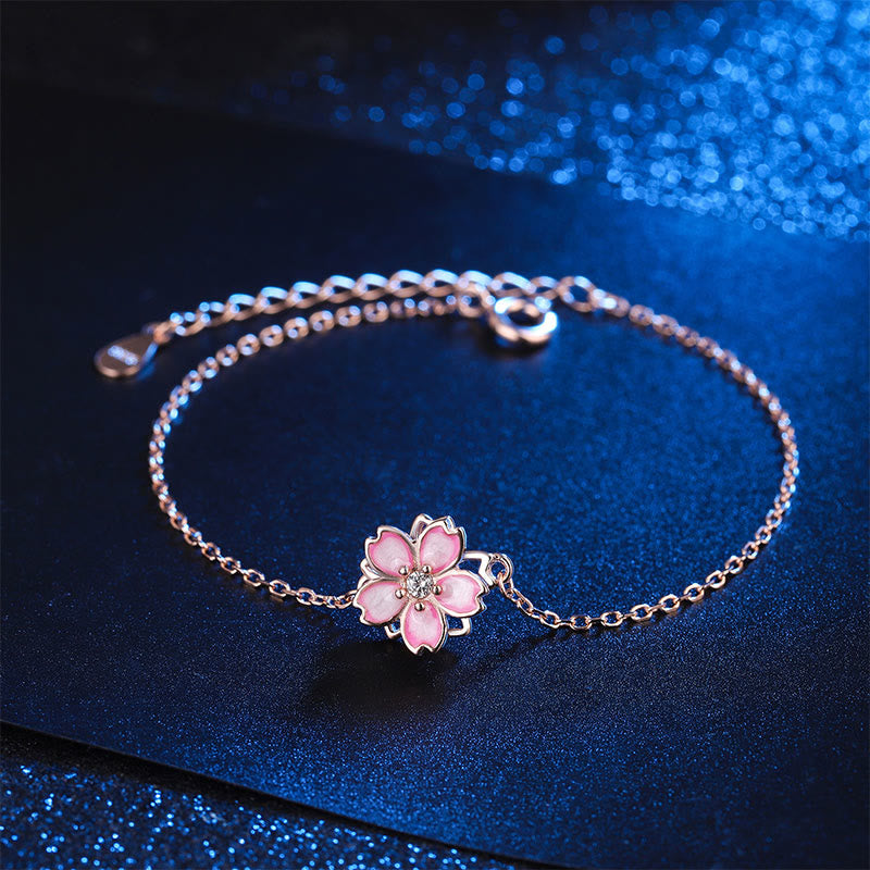 925 Sterling Silver Cherry Blossom Blessing Chain Bracelet Rotatable Ring