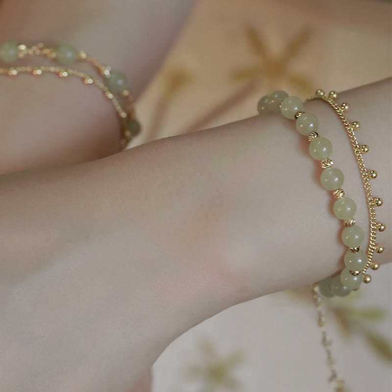 14K Gold Plated 2 Layers Hetian Jade Bead Luck Prosperity Bracelet - Image 13