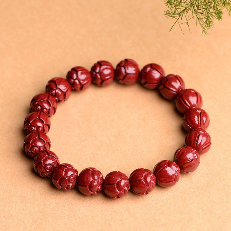 Natural Cinnabar Om Mani Padme Hum Fret Pattern Lotus Blessing Bracelet - Image 9