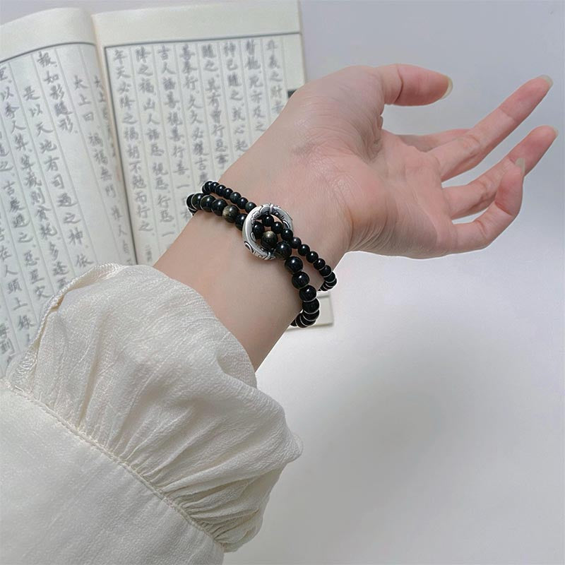 999 Sterling Silver Black Obsidian Fulfillment Strength Double Layer Bracelet - Image 7