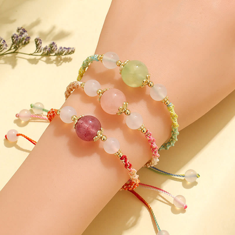 Strawberry Quartz Pink Crystal Prehnite White Agate Bead Healing Rope Bracelet - Image 13