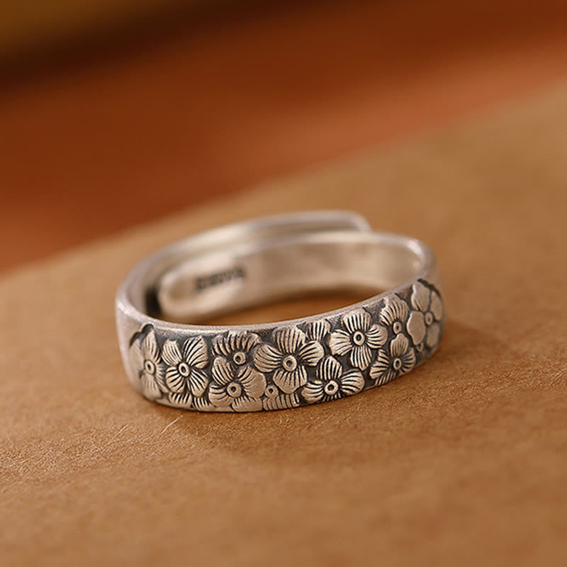 999 Sterling Silver Lotus Flower Plum Blossom Auspicious Clouds Engraved Enlightenment Ring - Image 6