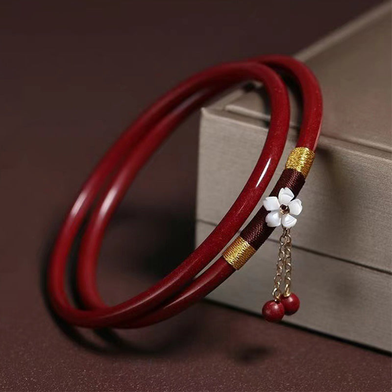 2Pcs Cinnabar Flower Blessing Bangle Charm Bracelet