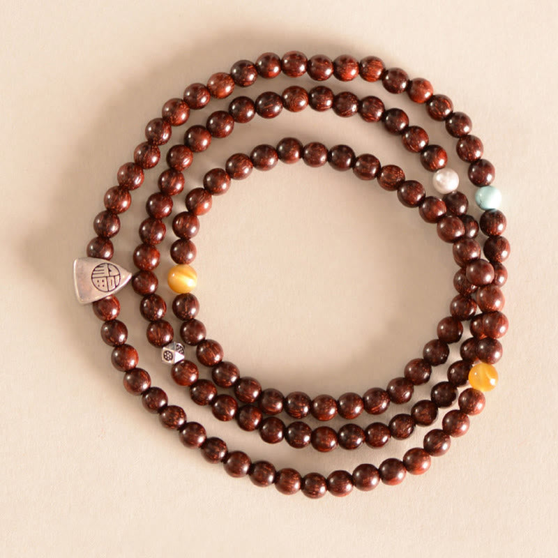 925 Sterling Silver Indian Small Leaf Red Sandalwood Fu Character Protection Triple Wrap Bracelet - Image 4