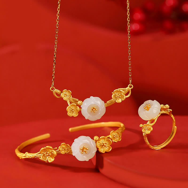 925 Sterling Silver Plated Gold Hetian Jade  Plum Blossom Luck Necklace Pendant Bracelet Bangle Ring