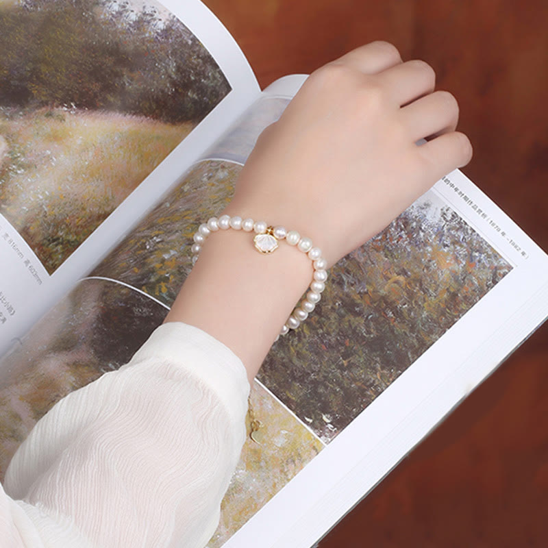 14K Gold Plated Natural Pearl Crystal Shell Charm Bead Bracelet - Image 5