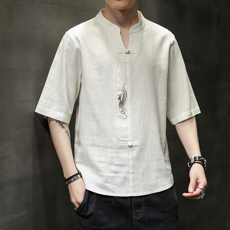 Frog-Button Phoenix Embroidery Chinese Tang Suit Short Sleeve Shirt Cotton Linen Men Clothing