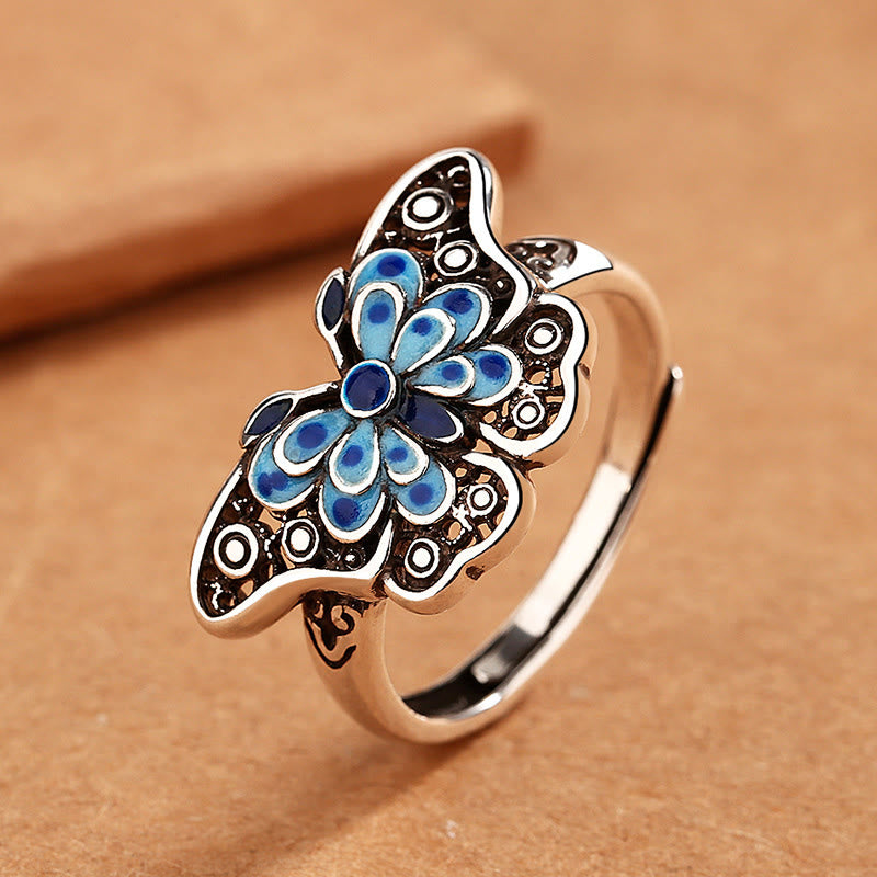 Hollow Enamel Blue Butterfly Pattern Love Ring