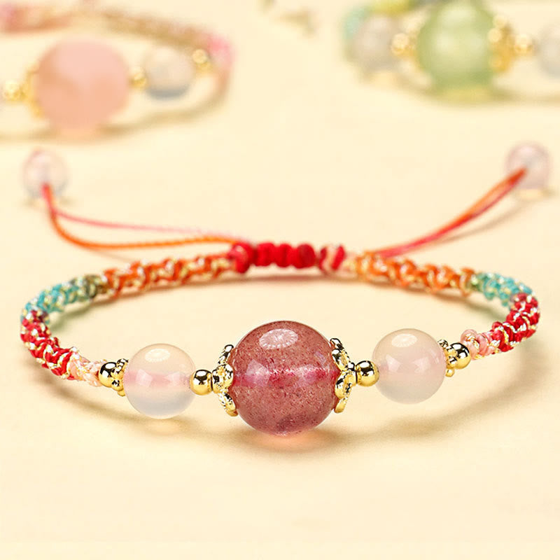 Strawberry Quartz Pink Crystal Prehnite White Agate Bead Healing Rope Bracelet