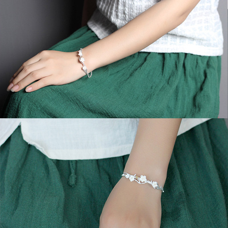 925 Sterling Silver Plum Flower Blessing Bracelet Adjustable Bangle - Image 12
