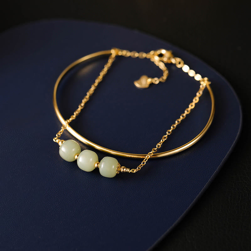 Copper Plated Gold Hetian Jade Bead Luck Double Layer Bracelet Bangle - Image 3
