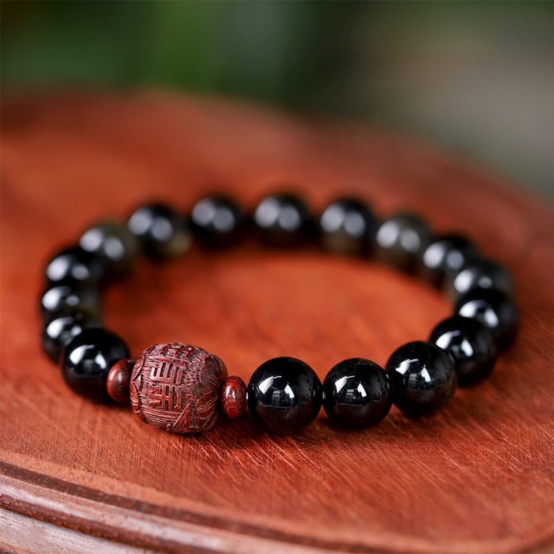 Natural Gold Sheen Obsidian Rainbow Obsidian Om Mani Padme Hum Fu Character Healing Bracelet - Image 21