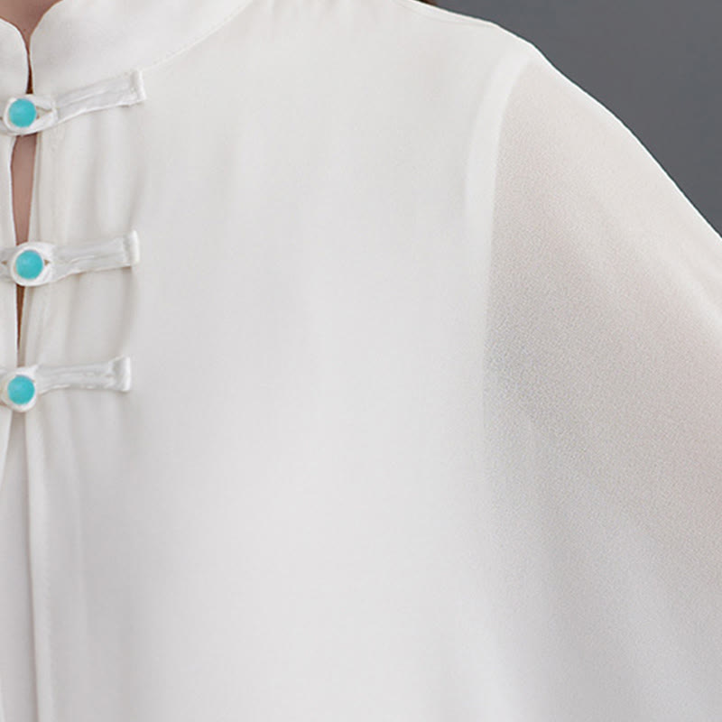 2Pcs Frog-Button Long Sleeve Midi Dress Wide Leg Pants Chiffon Zen Women's Set - Image 11