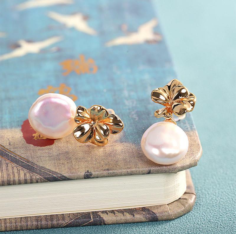 925 Sterling Silver Natural Baroque Pearl Flower Healing Drop Earrings - Image 2