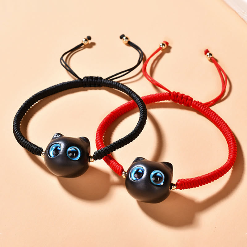 Ebony Wood Cat Head Pattern Peace King Kong Knot Braided Bracelet - Image 3