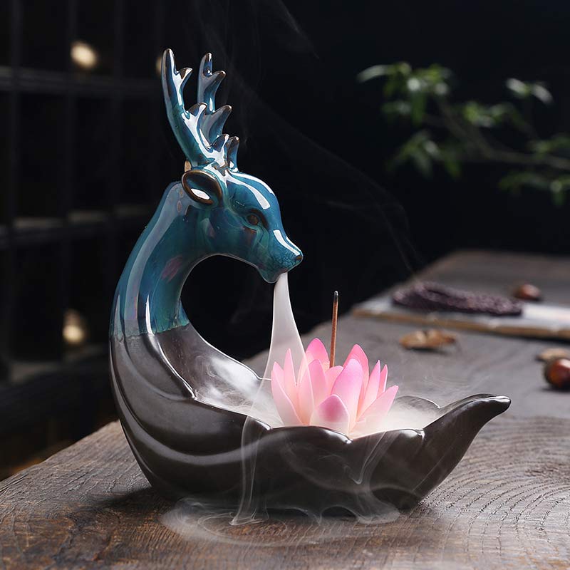 Little Deer Ceramic Lotus Meditation Incense Burner Decoration