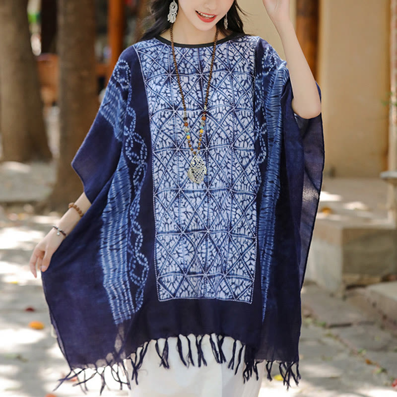Blue Stripe Geometry Indigo Dyeing Shawl Tassels Travel Pullover 90*95cm