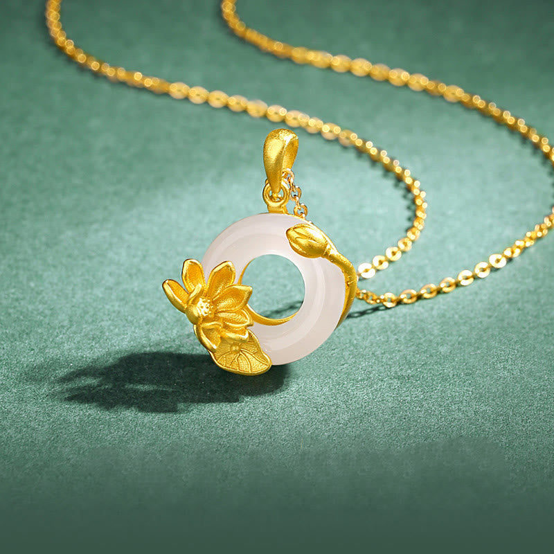Natural White Chalcedony Peace Buckle Lotus Pendant S925 Sterling Silver Necklace