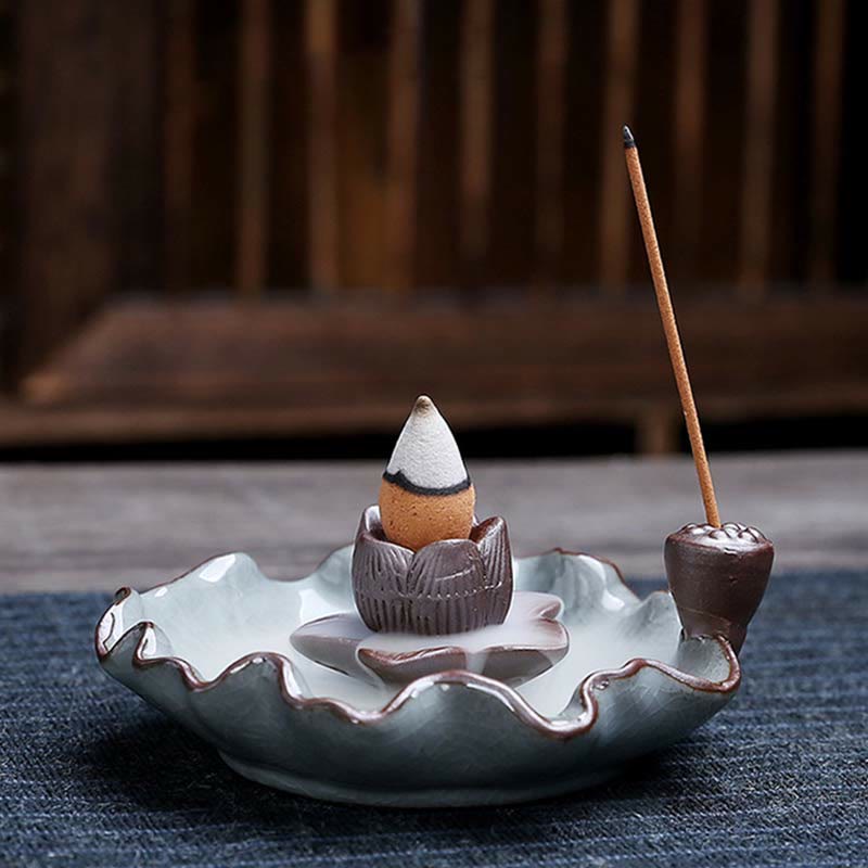 Lotus Plum Blossom Square Ceramic Spiritual Backflow Incense Burner - Image 8