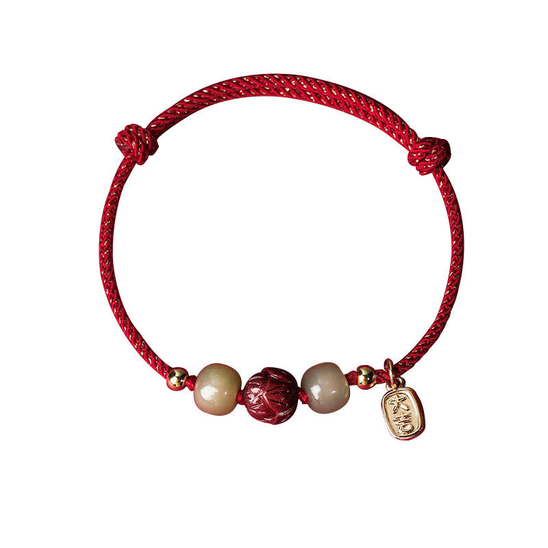 14K Gold Plated Hetian Jade Cinnabar Lotus Luck Handcrafted Rope Bracelet - Image 6