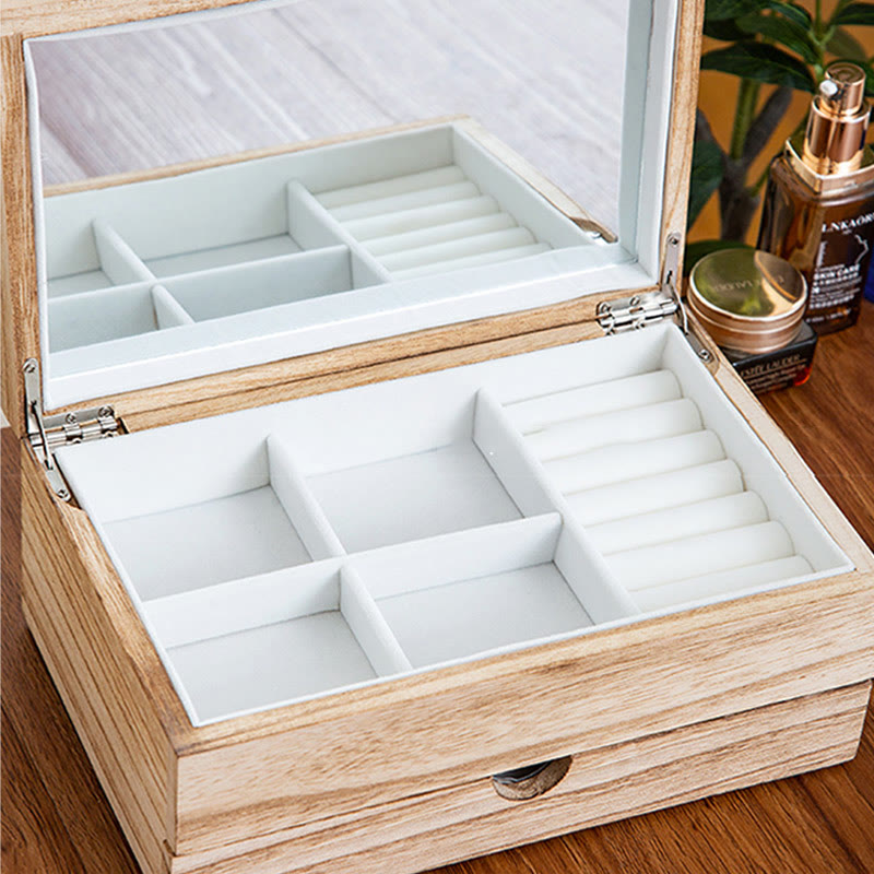 Retro Beige Wooden Jewelry Box Two-Layer Jewelry Storage Box With Mirror - Image 9