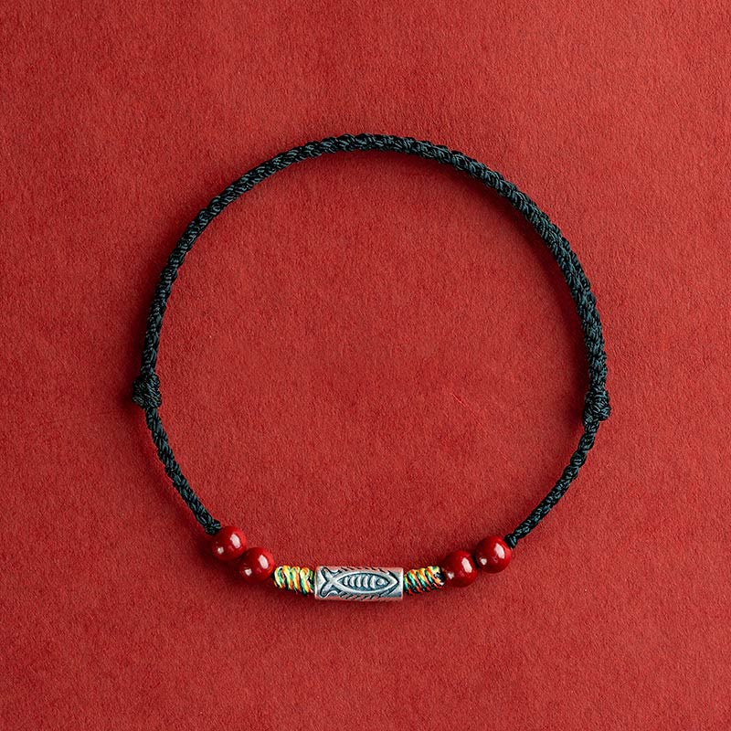 925 Sterling Silver Koi Fish Cinnabar Bead Wealth Handcrafted Braided Bracelet Anklet - Image 18