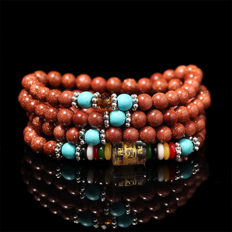 108 Mala Beads Goldstone Om Mani Padme Hum Swastika Confidence Bracelet