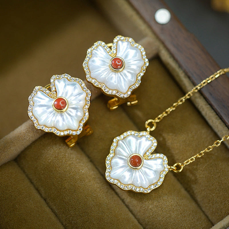 925 Sterling Silver Love Heart Tridacna Stone Red Agate Lazurite Blessing Earrings Necklace Jewelry Set