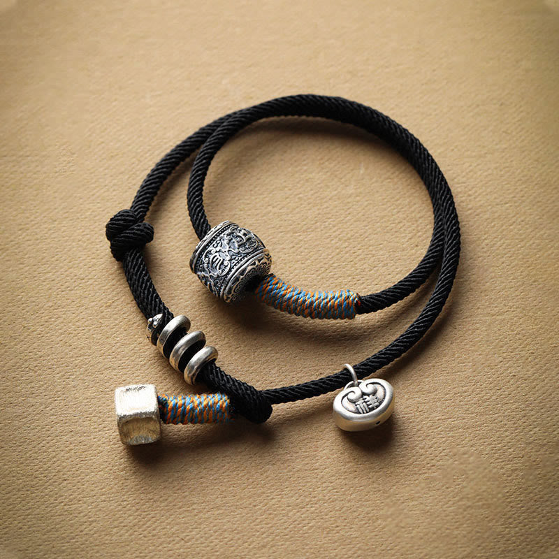 Handmade Tibetan Om Mani Padme Hum Carved Auspicious Amulet Double Wrap Rope Bracelet - Image 8