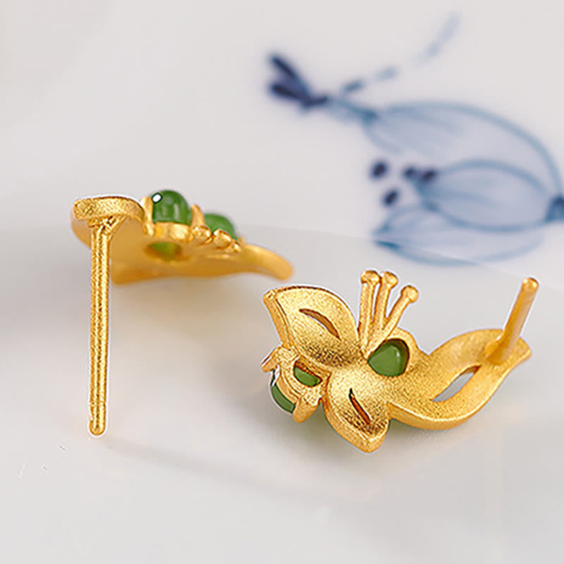925 Sterling Silver Plated Gold Natural Cyan Jade Butterfly Luck Healing Earrings - Image 5