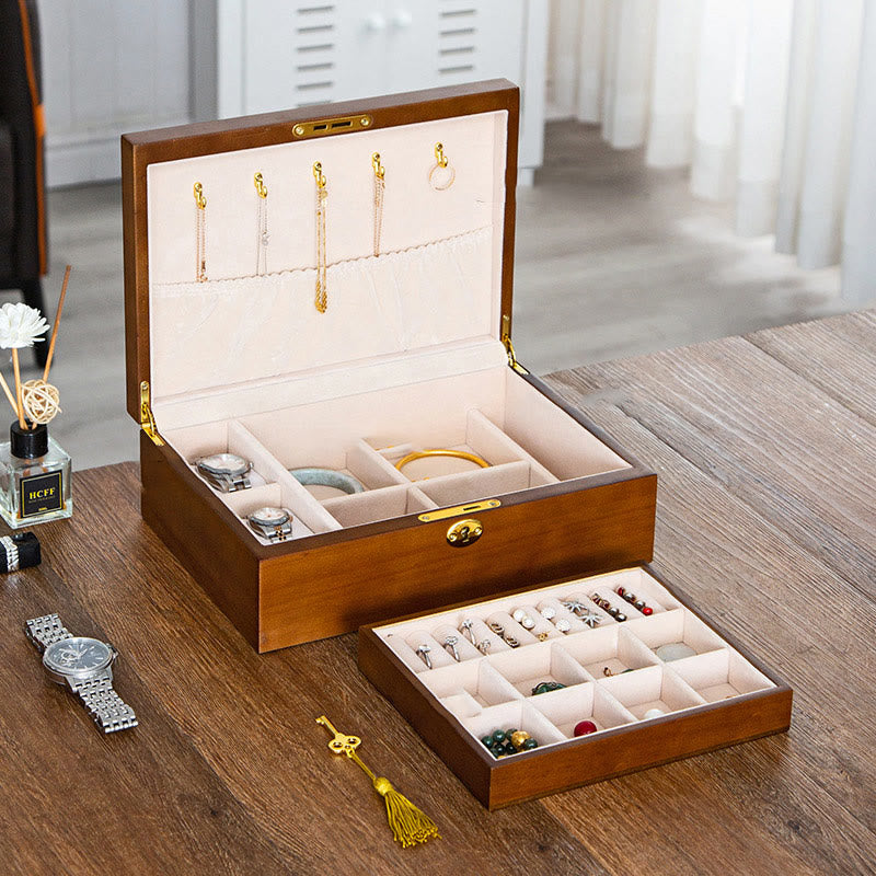 Vintage Wooden Jewelry Box Two-Layer Solid Wood Jewelry Storage Box - Image 4