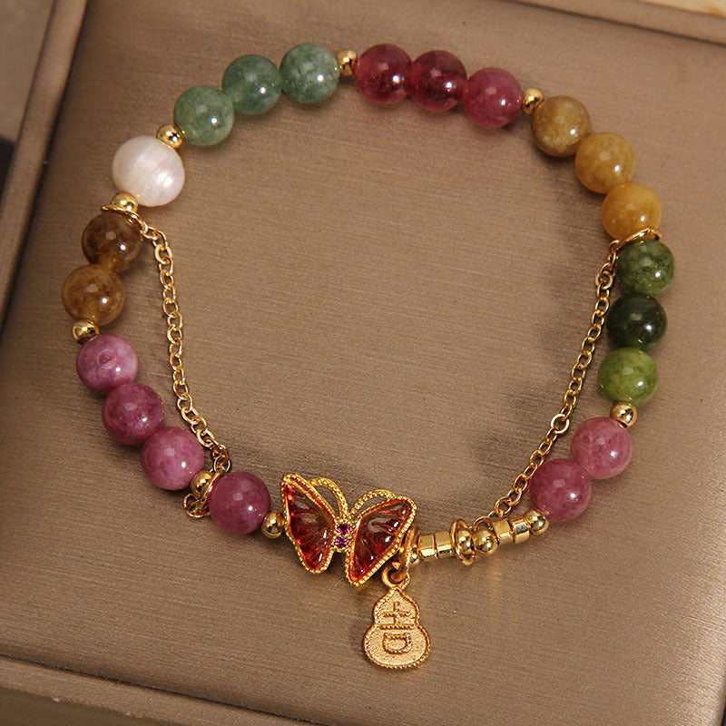 Natural Colorful Tourmaline Butterfly Auspicious Character Gourd Charm Positive Bracelet - Image 3