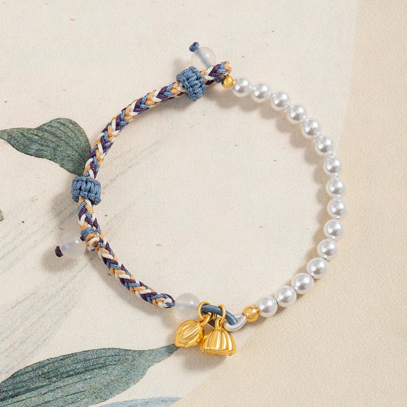 925 Sterling Silver Lotus Pearl Colorful Rope Chalcedony Prosperity Bracelet