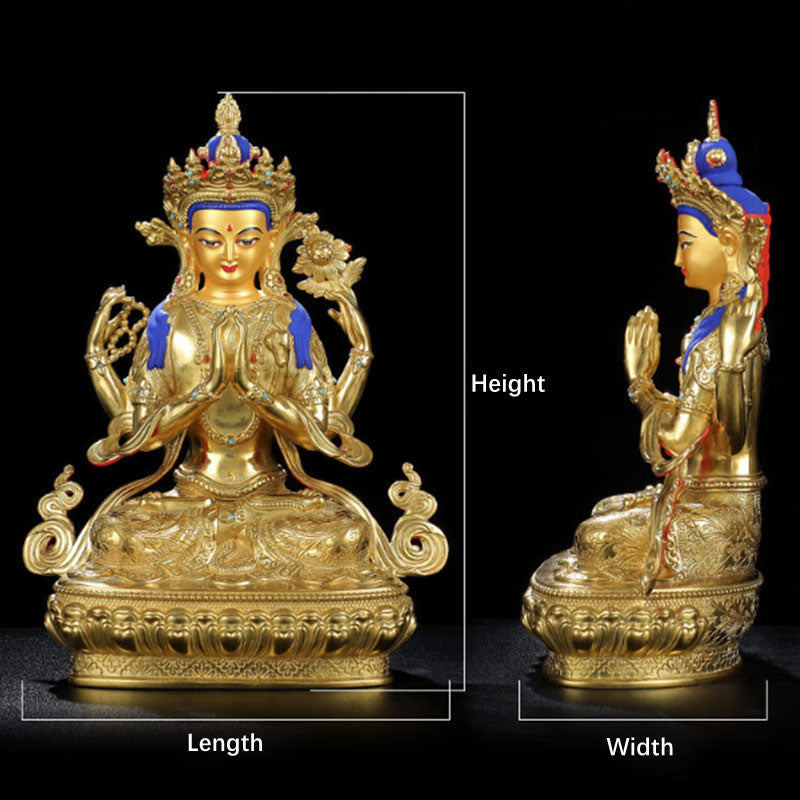 Chenrezig Four-armed Avalokitesvara Protection Copper Gold Plated Statue Decoration - Image 14