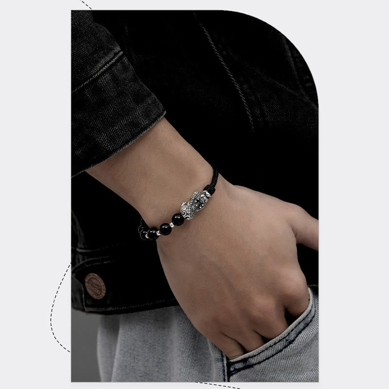 999 Sterling Silver FengShui PiXiu Natural Black Obsidian 925 Sterling Silver Bead Strength Bracelet - Image 7