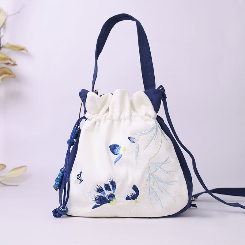 Embroidered Butterfly Lotus Magnolia Cotton Linen Tote Crossbody Bag Shoulder Bag Handbag