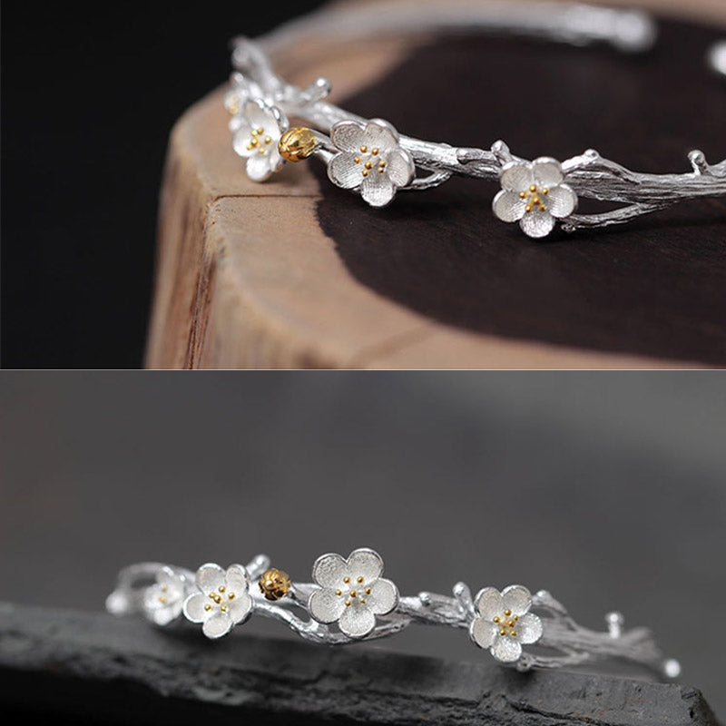 925 Sterling Silver Plum Flower Blessing Bracelet Adjustable Bangle - Image 15