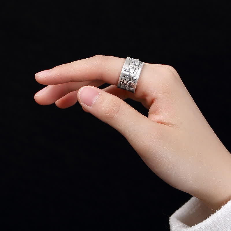 999 Sterling Silver Luck Koi Fish Lotus Heart Sutra Wealth Ring - Image 3