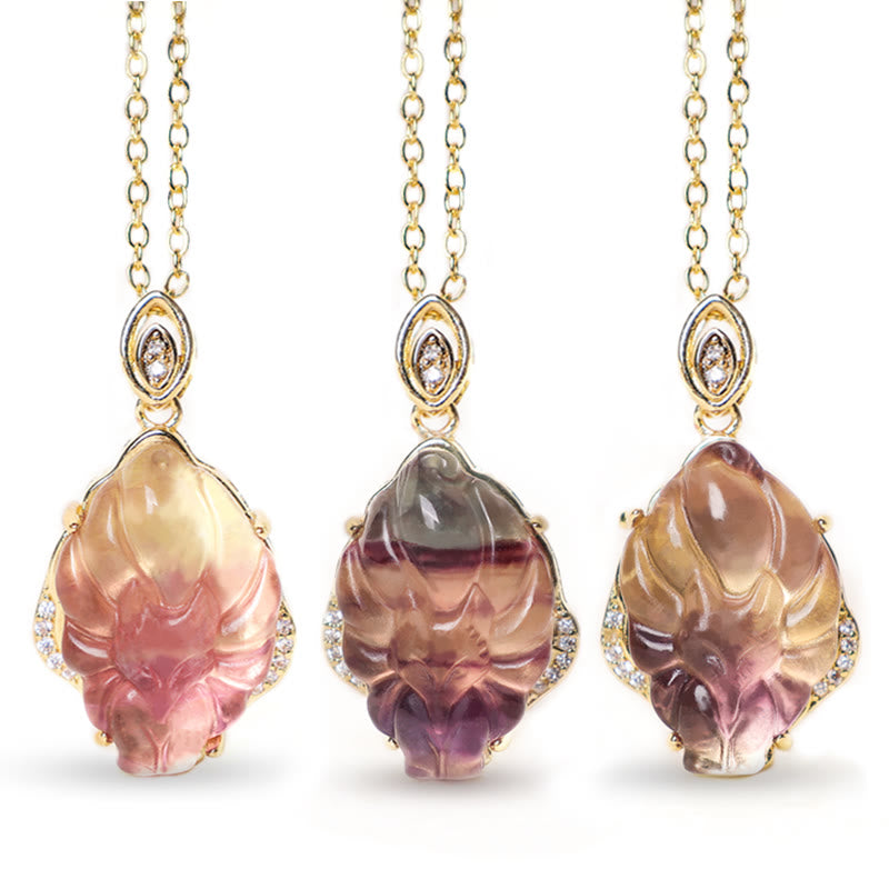 Natural Colorful Fluorite Nine Tailed Fox Protection Necklace Pendant