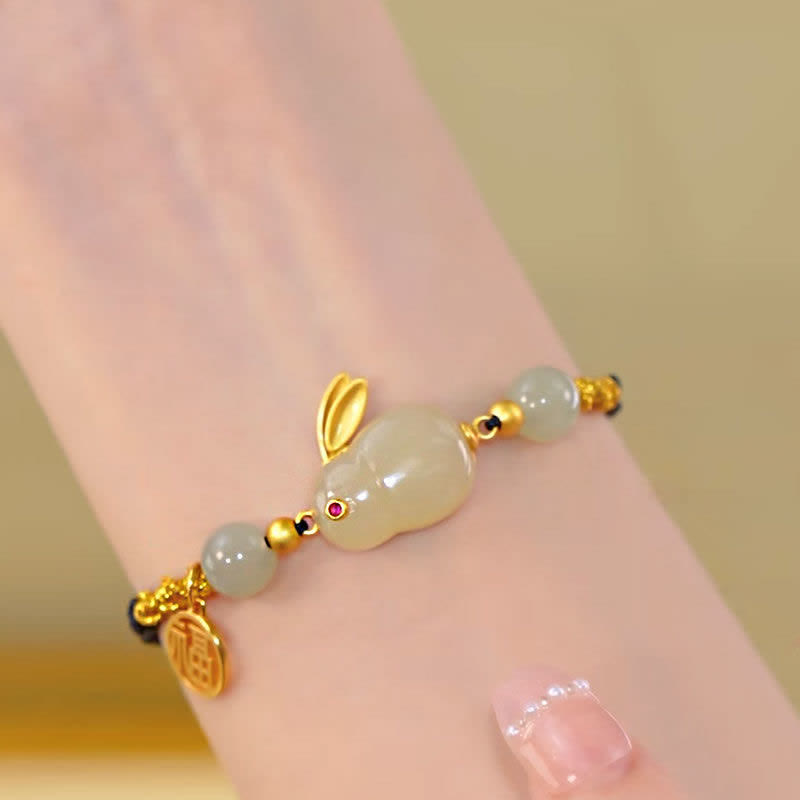 Year of the Rabbit Red Agate Jade Bunny Confidence String Bracelet - Image 2