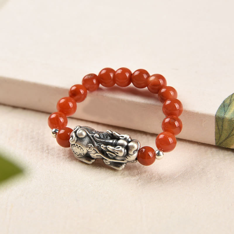 925 Sterling Silver Natural Garnet Moonstone Red Agate PiXiu Wealth Ring - Image 10