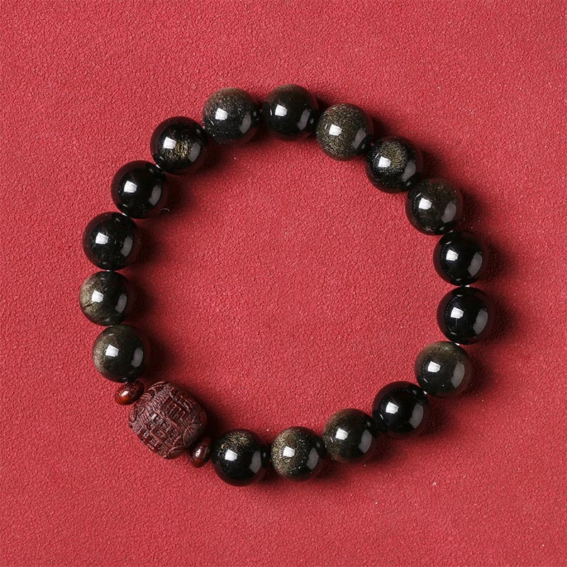 Natural Gold Sheen Obsidian Rainbow Obsidian Om Mani Padme Hum Fu Character Healing Bracelet - Image 22