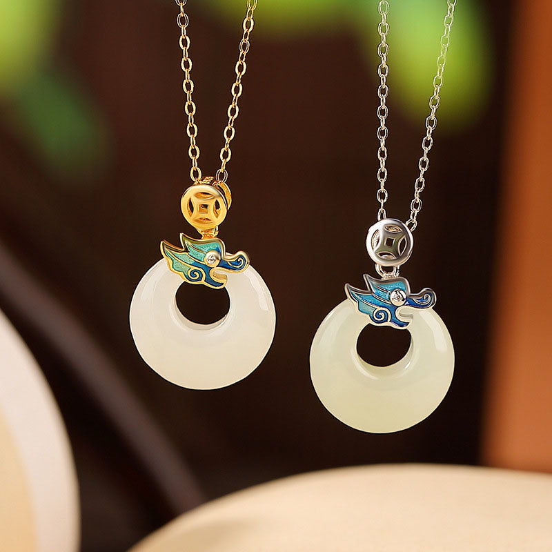 925 Sterling Silver Plated Gold Year of the Dragon Hetian Jade Peace Buckle Copper Coin Abundance Necklace Pendant