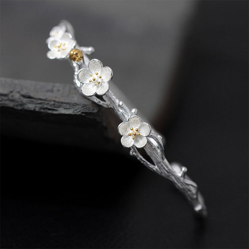 925 Sterling Silver Plum Flower Blessing Bracelet Adjustable Bangle - Image 8