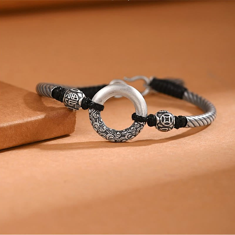 999 Sterling Silver Fu Character Peace Buckle Copper Coin Auspicious Clouds Fortune Bracelet - Image 9