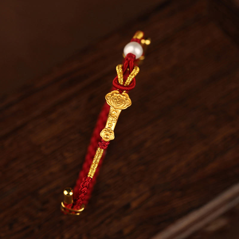 24K Gold Wish Ruyi Handle Fu Character Rabbit Pearl Luck Braided Bracelet - Image 4