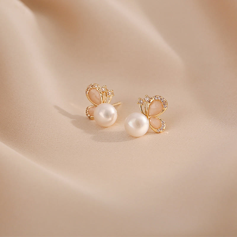 18k Gold Plated Pearl Butterfly Love Freedom Stud Earrings - Image 8