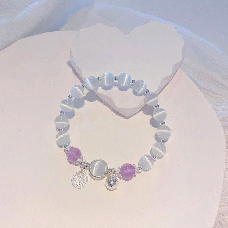 Cat's Eye Amethyst Fu Character Bell Charm Support Bracelet - Image 3