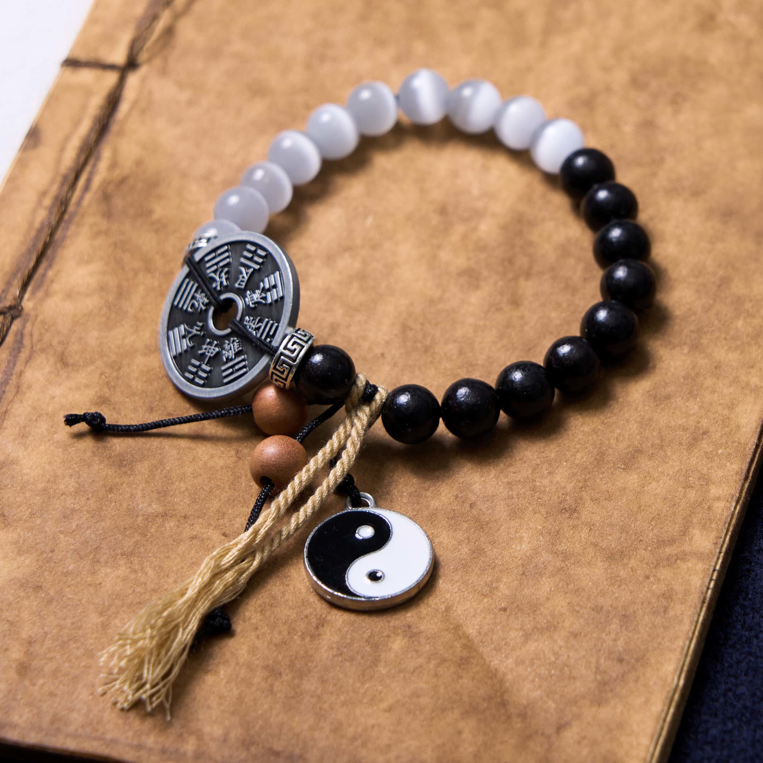 Cat's Eye Ebony Wood Yin Yang Bagua Coin Support Rope Bracelet