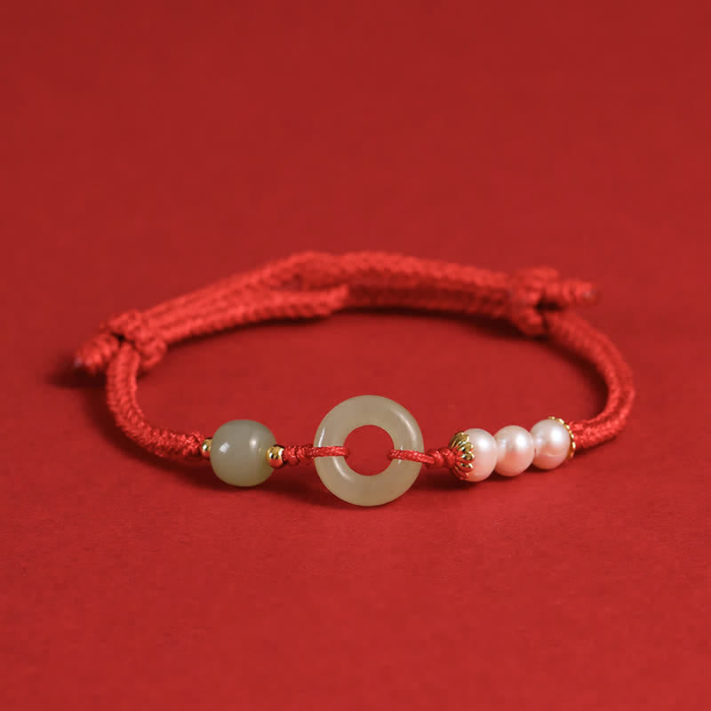 Natural Hetian Jade Pearl Peace Buckle Luck Bracelet - Image 11